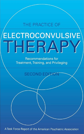 Blue book cover titled “The Practice of Electroconvulsive Therapy” with overlapping circles and white text.
