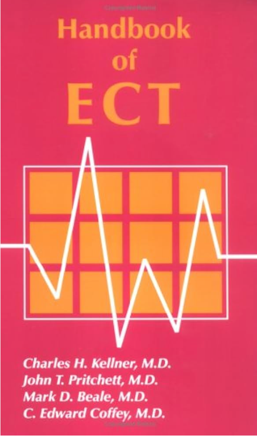 Book cover: Handbook of ECT, red background with orange grid and white waveform, by Charles H. Kellner et al.