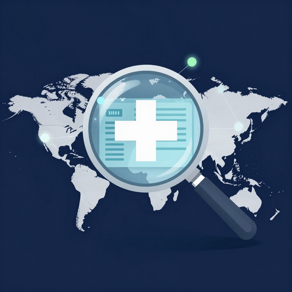 Magnifying glass with medical cross over world map, blue healthcare search graphic