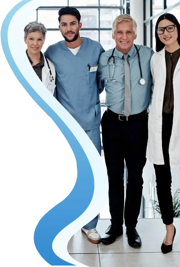 Four healthcare professionals standing together in a bright clinic hallway beside a blue wave graphic