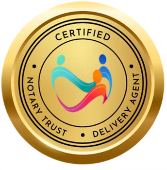 Gold seal: Certified Notary Trust Delivery Agent. Features abstract figures in a heart shape.