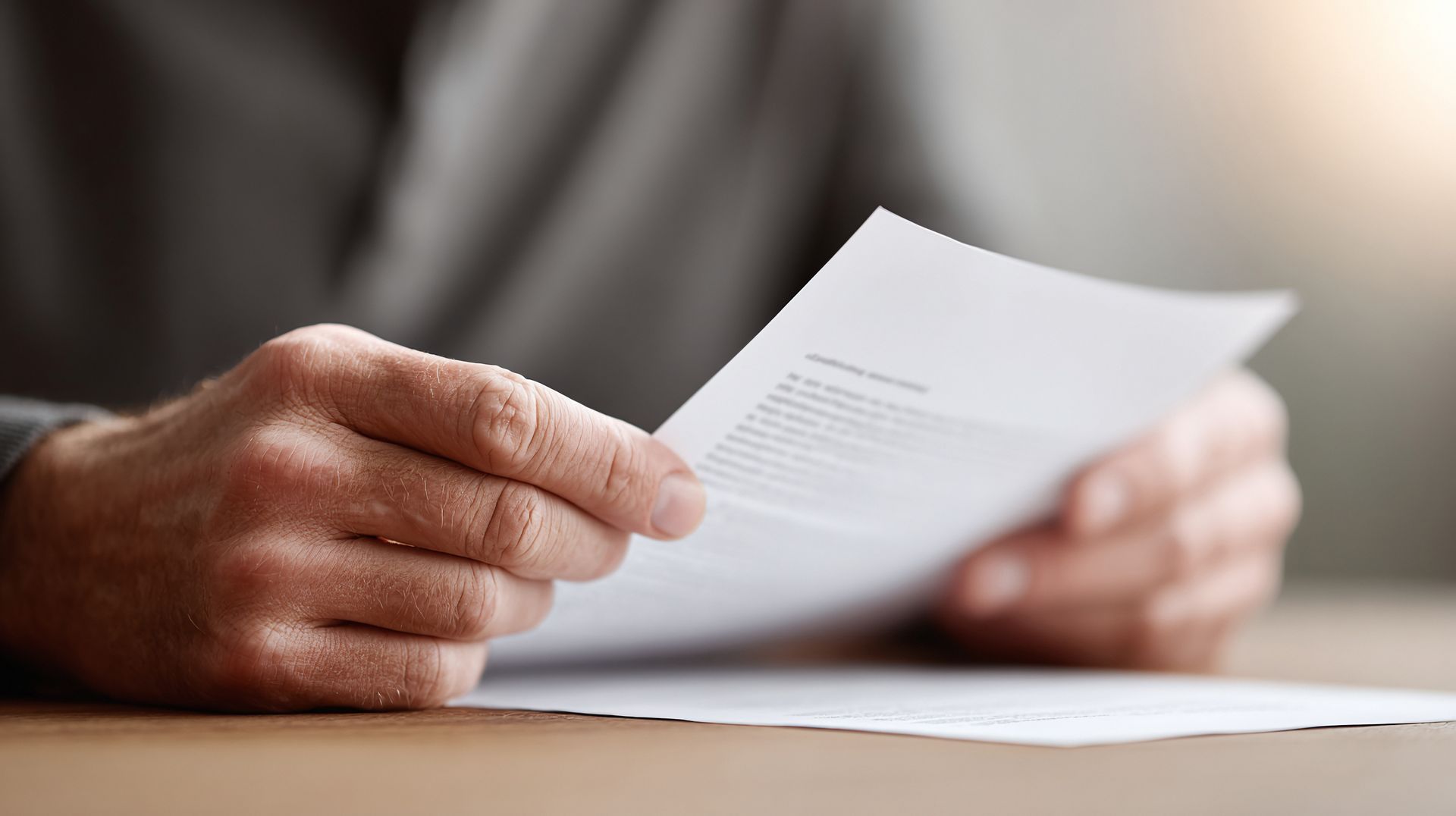 Hands holding a white document, reading it on a table, soft lighting.