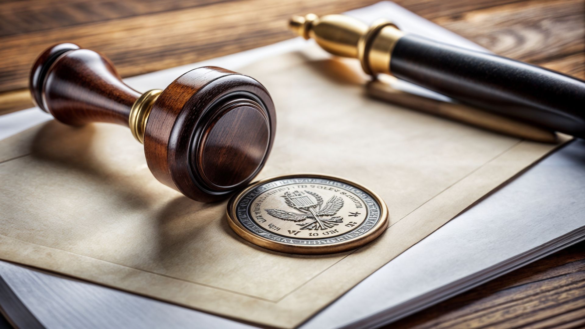 Wooden stamp, wax seal with emblem, and pen on a stack of paper.