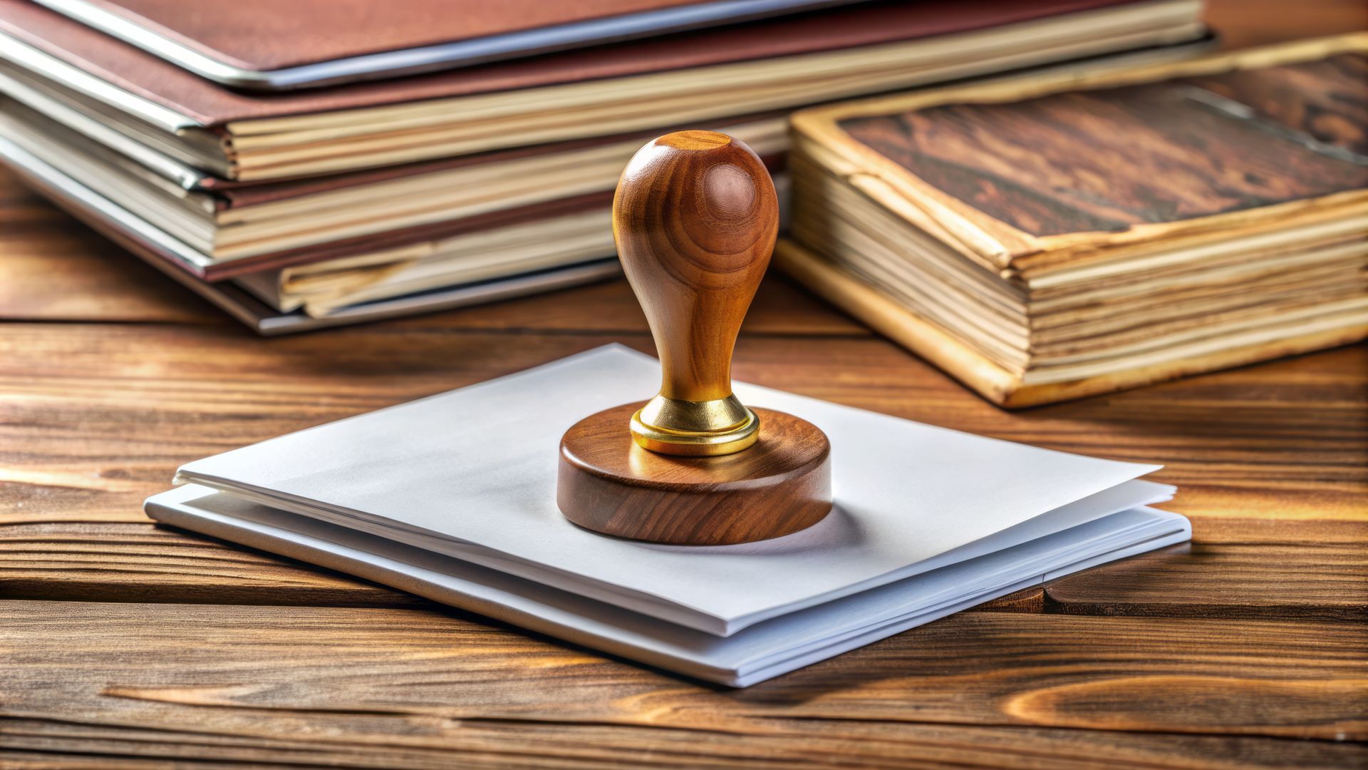 Wooden stamp atop a stack of white paper, with books in the background on a wooden surface.