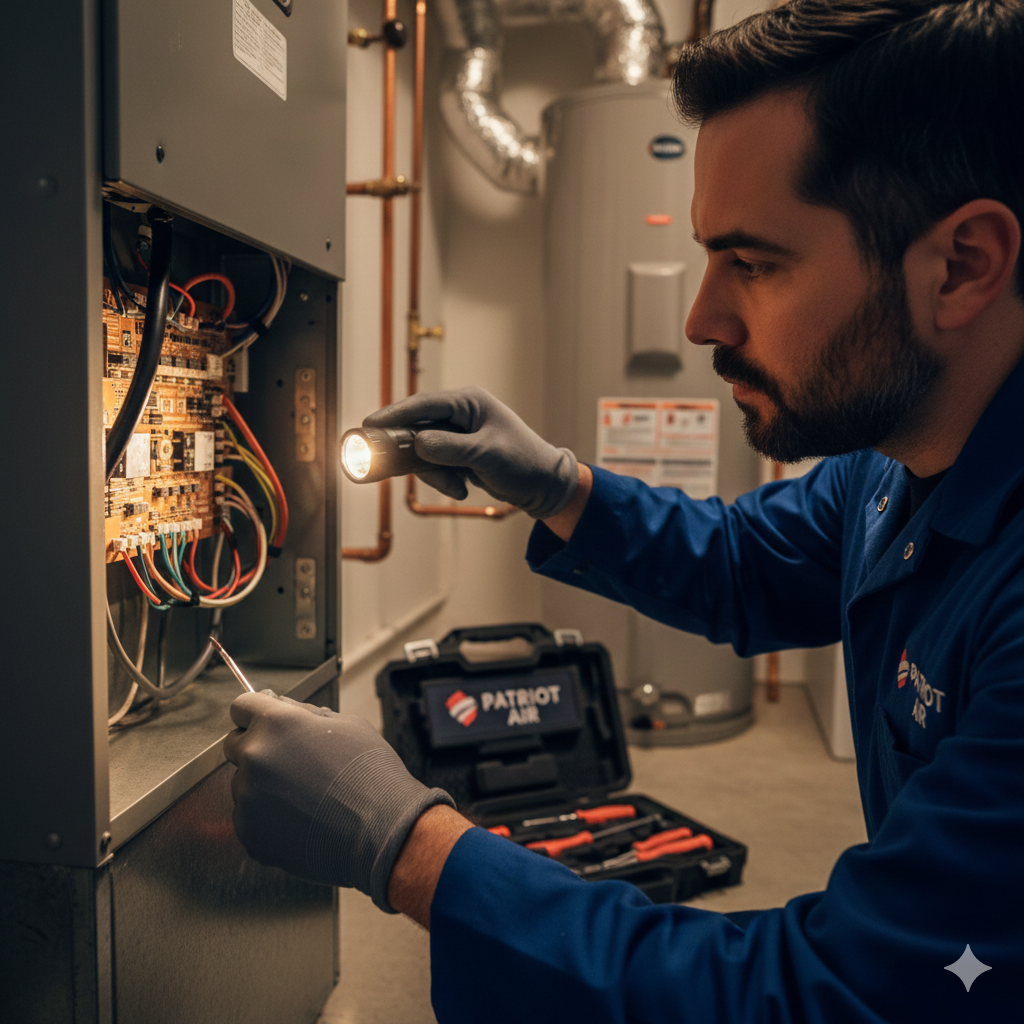 HVAC technician inspecting electrical panel with flashlight; toolbox open, utility room setting.