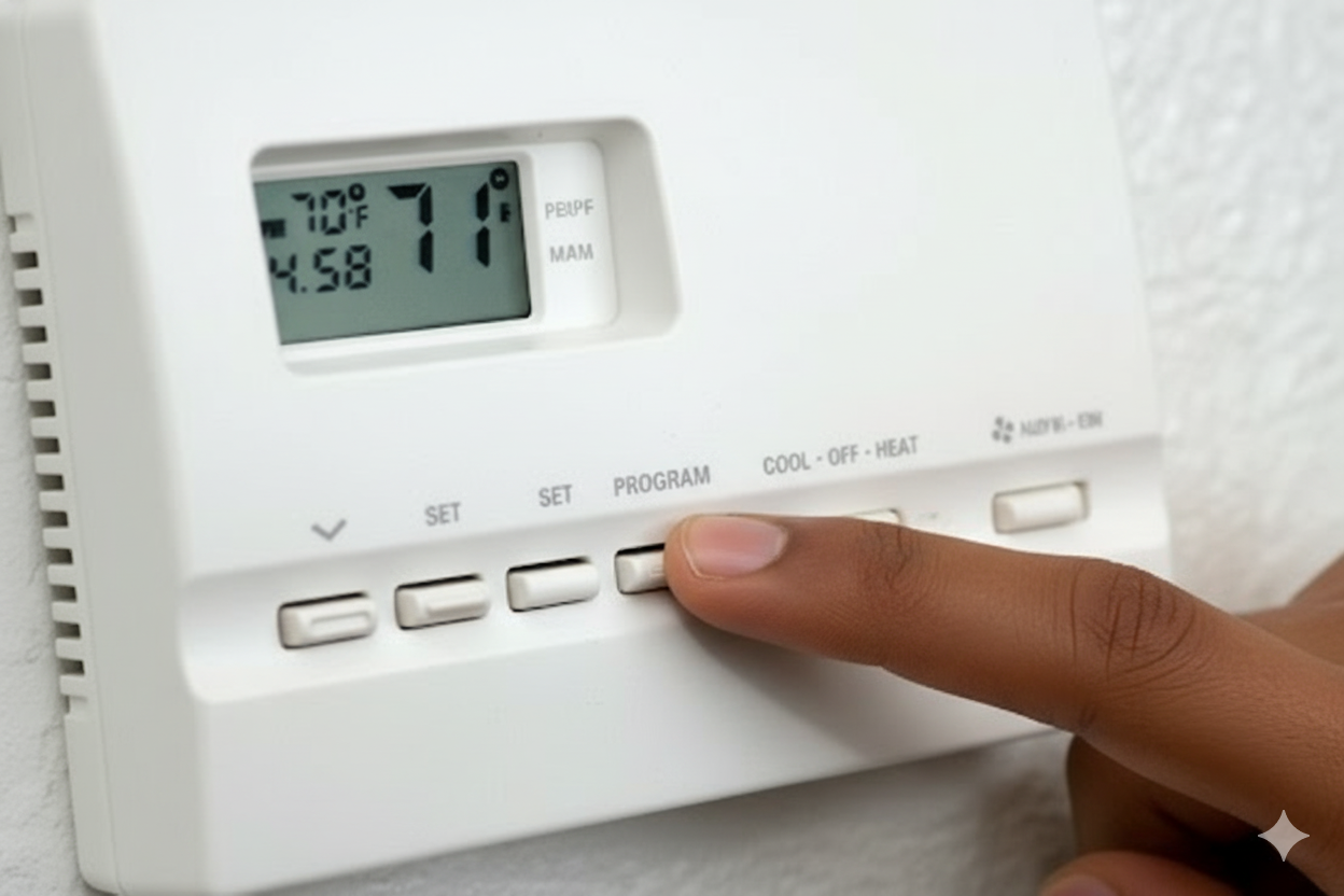 Hand pressing a smart thermostat mounted on a wall.