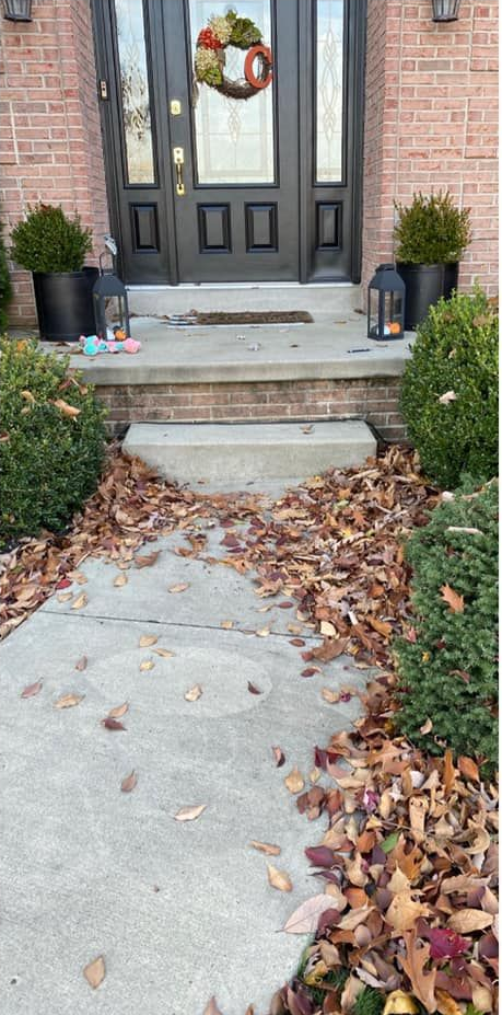 A front door with a wreath and fall leaves on a sidewalk and steps.