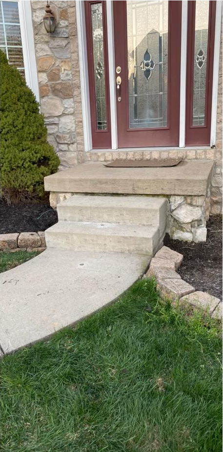 Concrete steps leading up to a front door with glass panels.