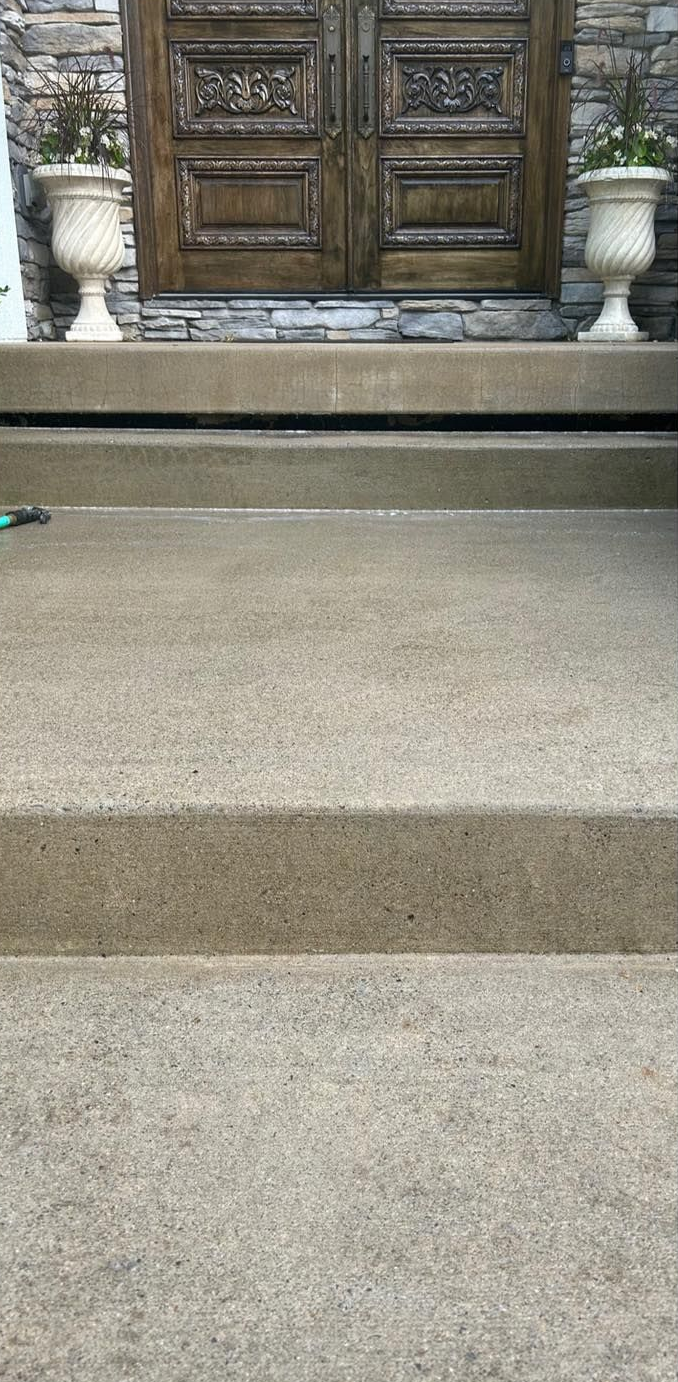 Stone steps leading up to an ornate wooden door with stone planters on either side.
