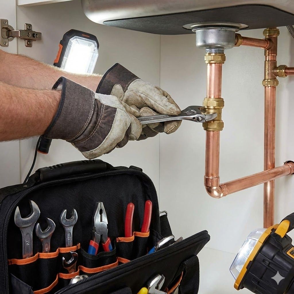 Gas Safe emergency plumber fixing faulty heating pipes at Glasgow property with toolkit