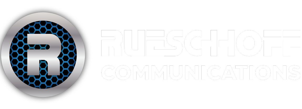 a logo for rueschhoff communications with a blue circle and the letter r on it .