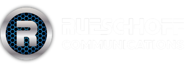 a logo for rueschhoff communications with a blue circle and the letter r on it .