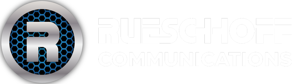 a logo for rueschhoff communications with a blue and silver circle on a white background .