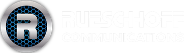 a logo for rueschhoff communications with a blue and silver circle on a white background .