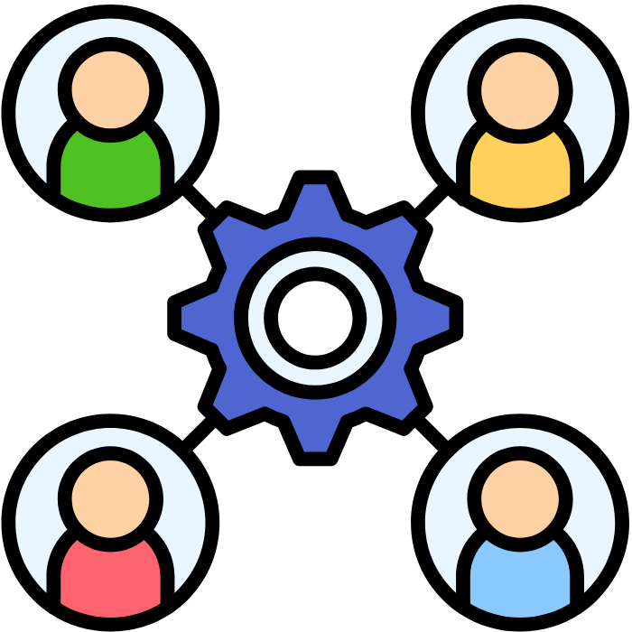 Um grupo de pessoas está conectado a uma engrenagem.