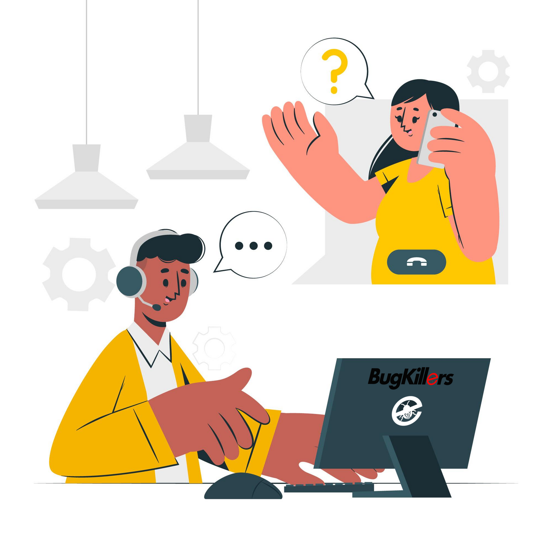 Um homem usando um fone de ouvido está conversando com uma mulher enquanto está sentado em frente ao computador.