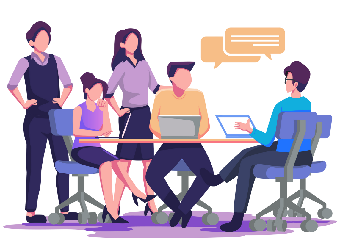Consultoria de qualidade Um grupo de pessoas está sentado ao redor de uma mesa tendo uma reunião.