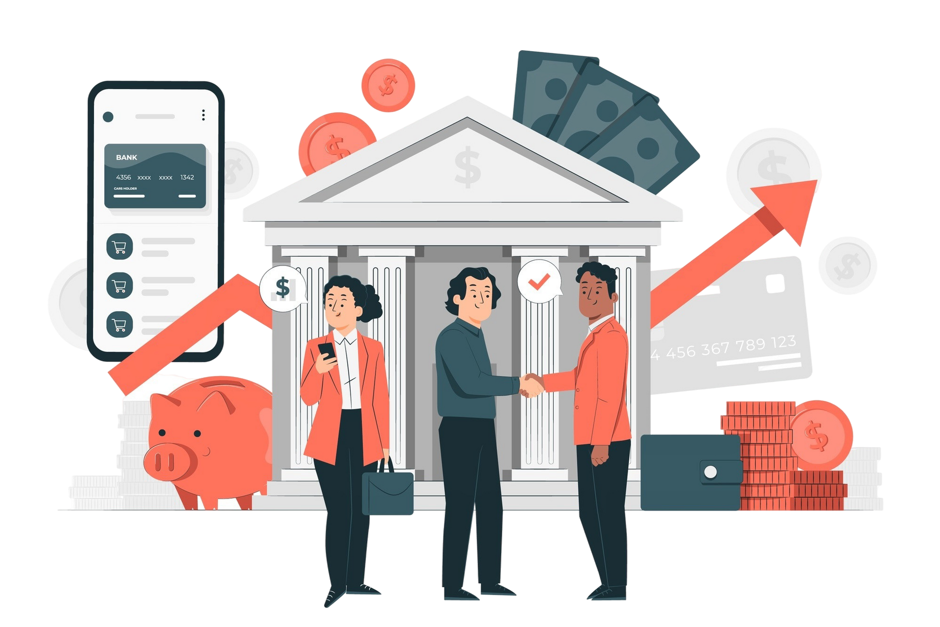 testes de software bancário Um grupo de pessoas apertando as mãos em frente a um prédio bancário.