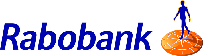 Um logotipo para o rabobank com um homem em pé sobre um círculo laranja