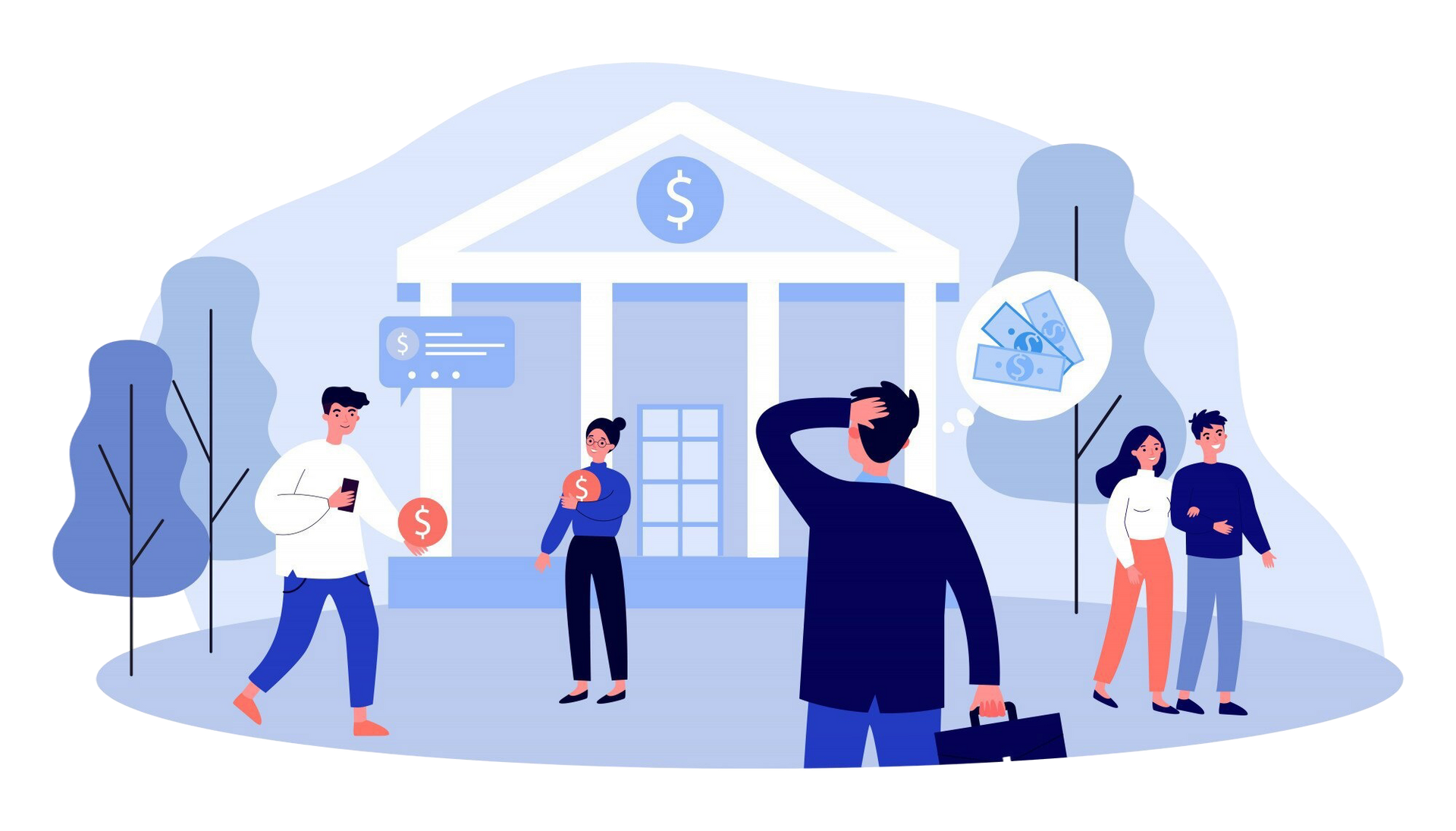 Um grupo de pessoas está em frente ao prédio de um banco.