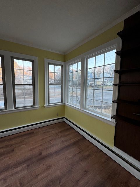 Room with yellow walls, multiple windows, dark wood-look floor, and built-in dark shelving.