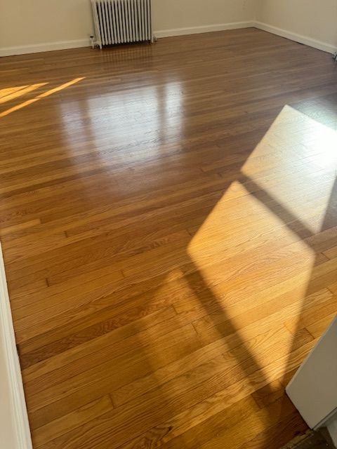 Wooden floor with sunlit reflections, near a radiator.