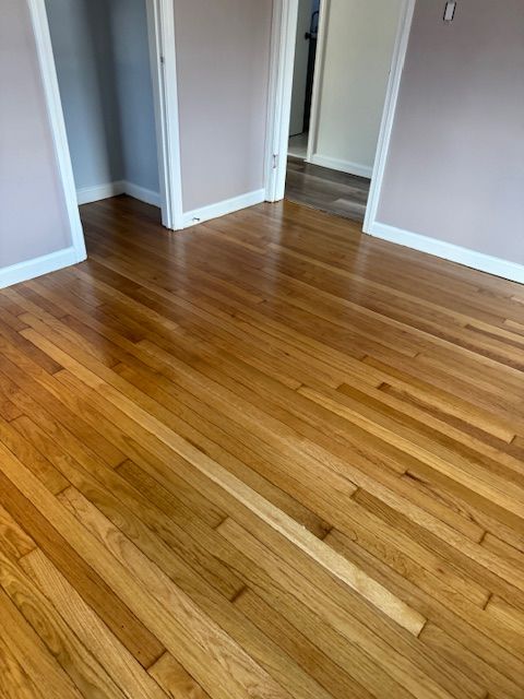Hardwood floor in a room with light pink walls and white trim. Two doorways lead to other rooms.