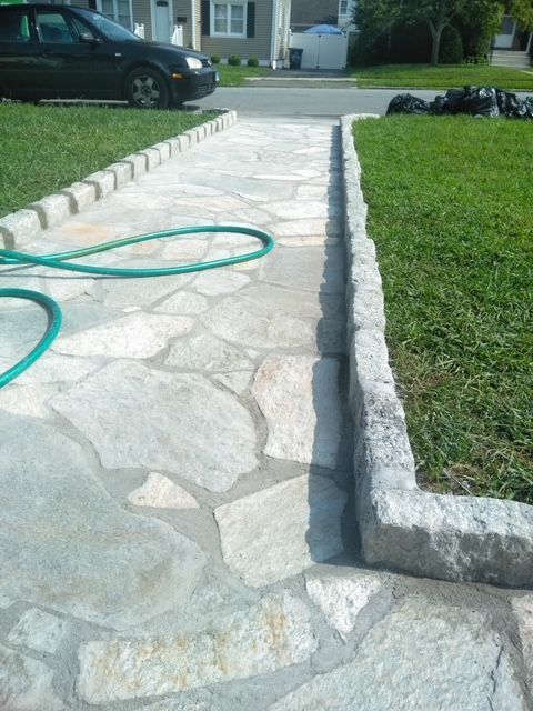 Stone walkway with a green garden hose, bordered by green grass and a black car.