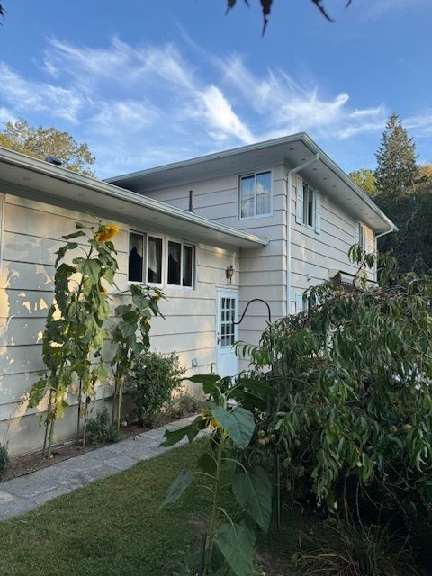 A two-story light beige house with a walkway, sunflowers, and green foliage against a blue sky.