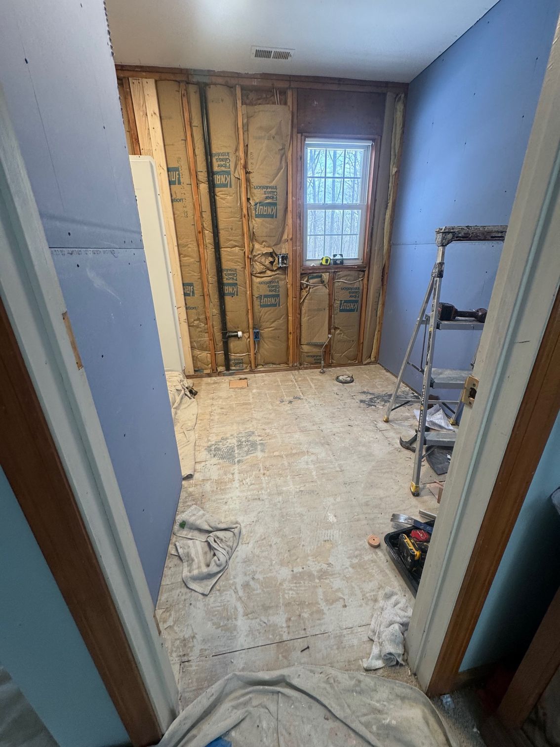 Bathroom in disrepair with exposed framing, insulation, and partially demolished walls, during renovation.