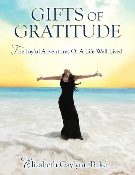 Book cover: Woman with arms raised on a beach, title 