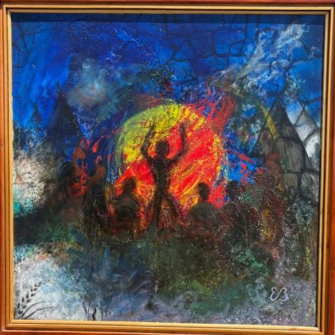 Abstract painting with soft, blended colors. Turquoise, yellow, purple hues blend in textured strokes.