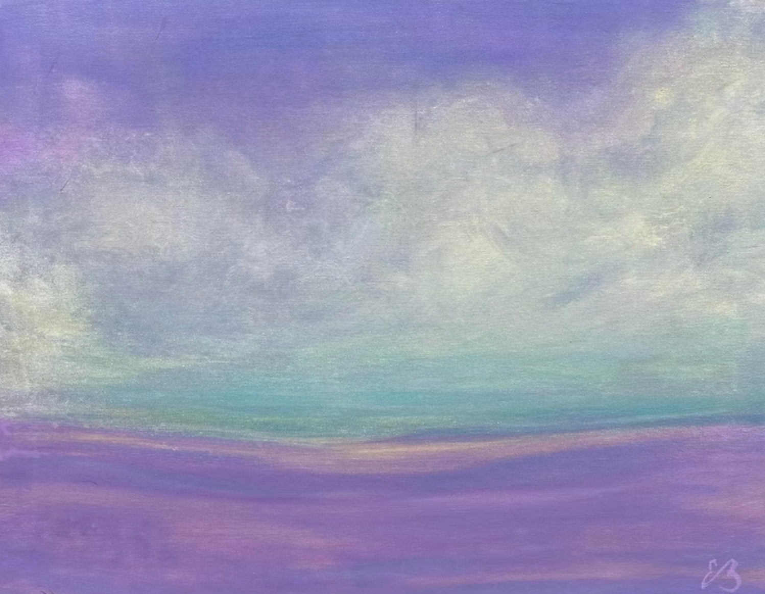 Dreamy landscape painting with purple, teal, and white colors.
