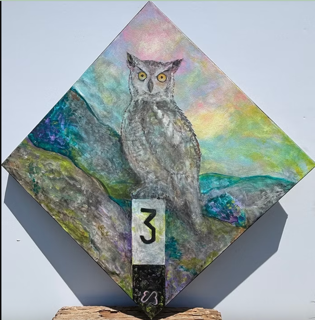 Owl painting on a diamond-shaped canvas with a number 3 marker. The owl sits on a branch with colorful background.