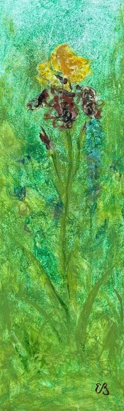 Watercolor painting of a tall flower with a yellow bloom and green foliage.
