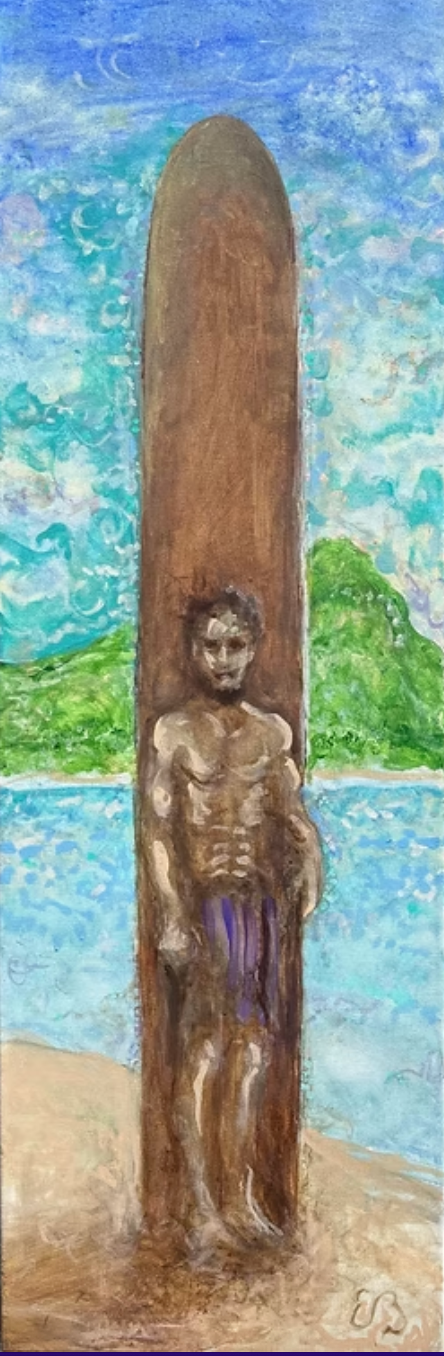 A carved figure stands before a tropical seascape, in front of a tall brown post.