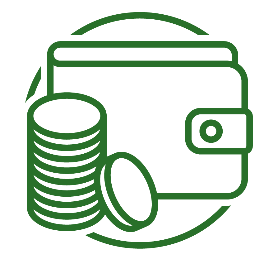 A wallet with a stack of coins next to it.