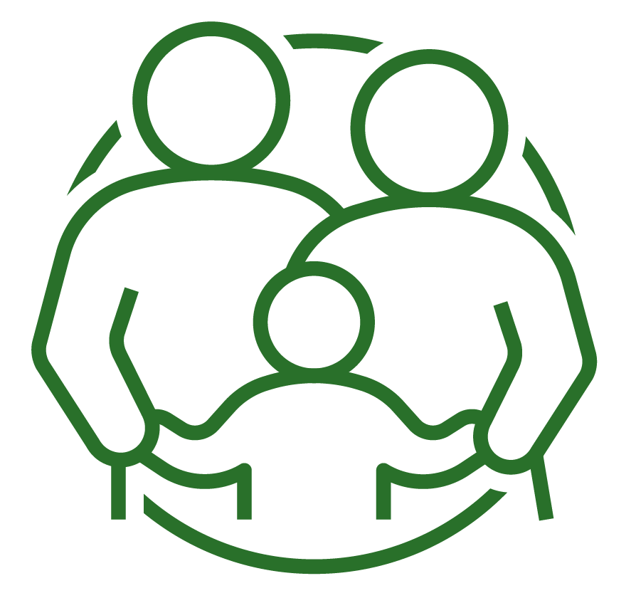 A green line drawing of a family hugging each other.