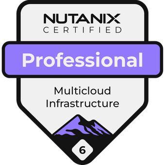 Nutanix Certified Professional badge for Multicloud Infrastructure with purple banner and mountain icon