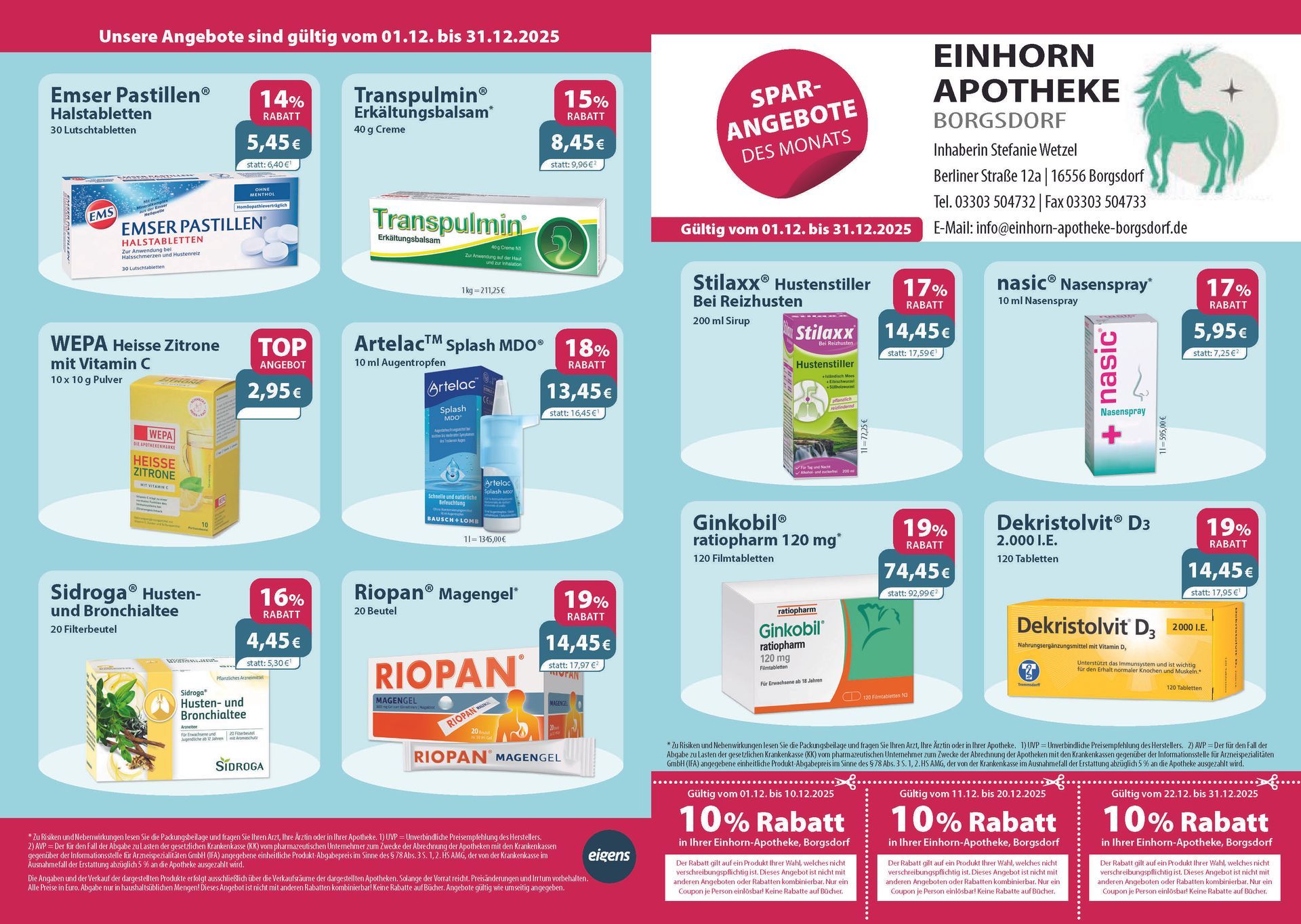 Ein Flyer für die Einhorn-Apotheke mit einem Einhorn darauf