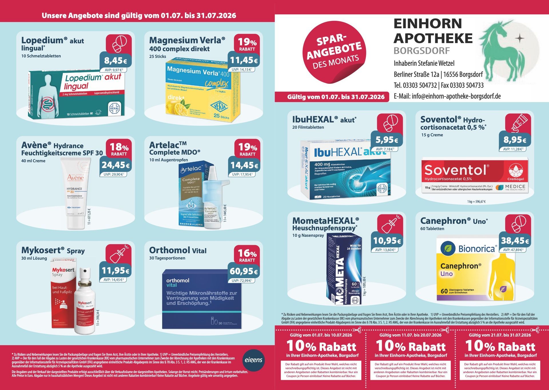 Ein Flyer für die Einhorn-Apotheke mit einem Einhorn darauf