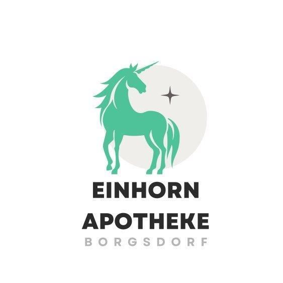 Ein Logo für die Einhorn Apotheke Borgsdorf mit einem Einhorn und einem Stern