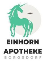 Ein Logo für die Einhorn Apotheke Borgsdorf mit einem Einhorn und einem Stern.