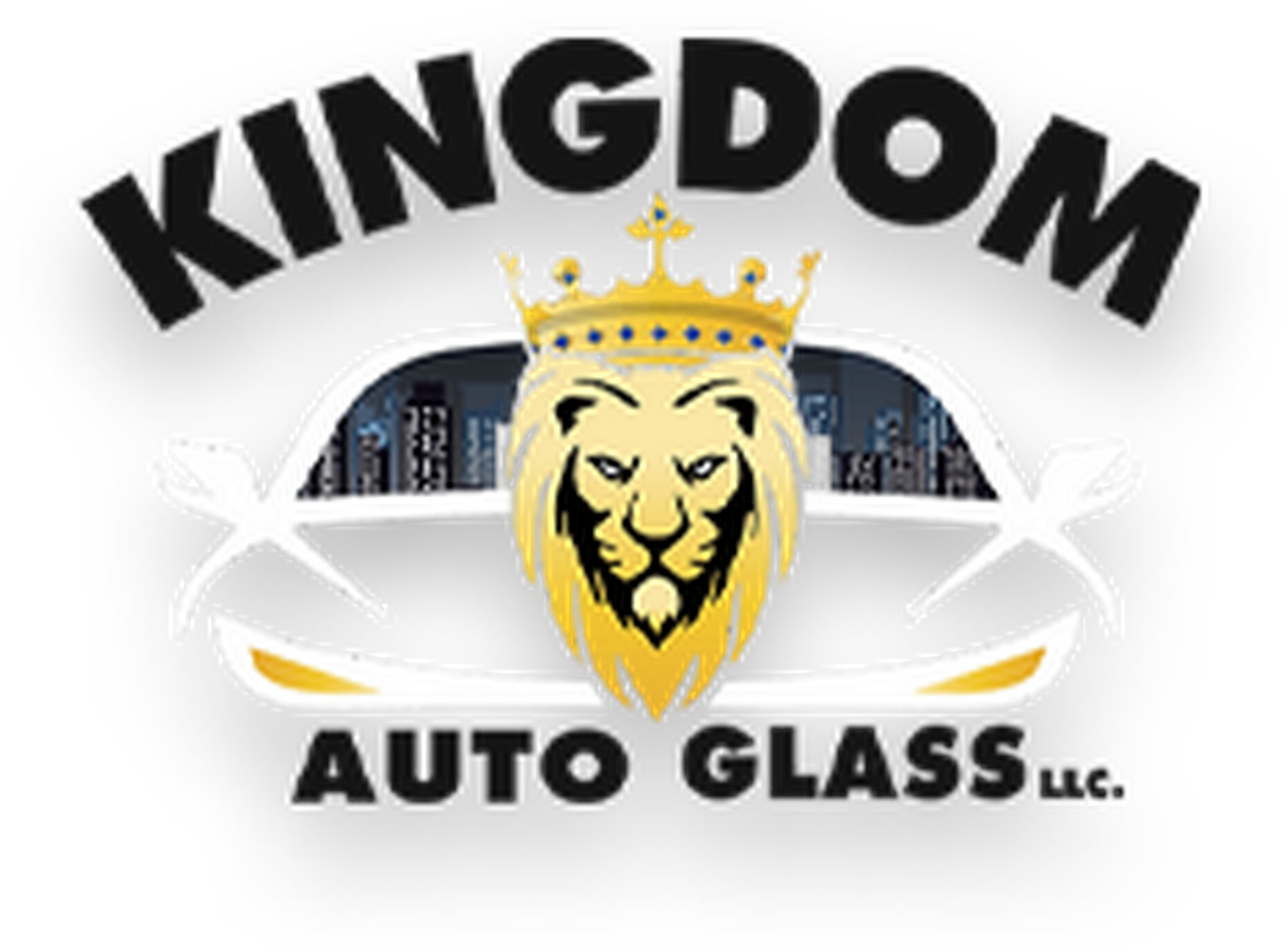 Kingdom Auto Glass LLC logo with crowned lion over a car windshield