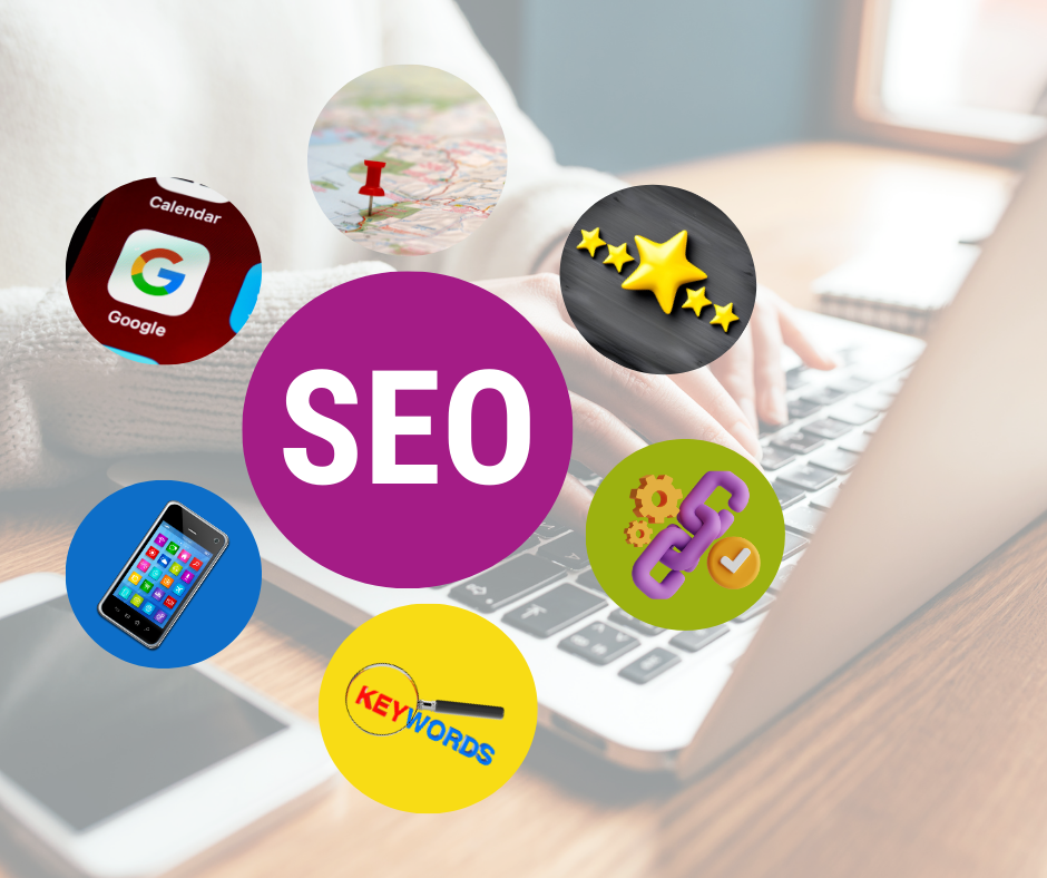 Person typing on laptop, surrounded by icons representing SEO elements like keywords, links, reviews, and Google Calendar.