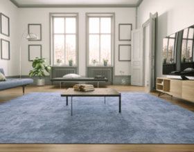 Living room with a blue rug, wooden coffee table, large windows, and a TV on a wooden stand.