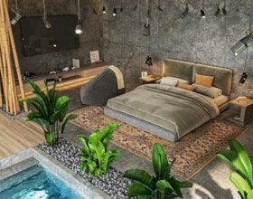 Bedroom with bed, small pool, plants, and concrete walls.