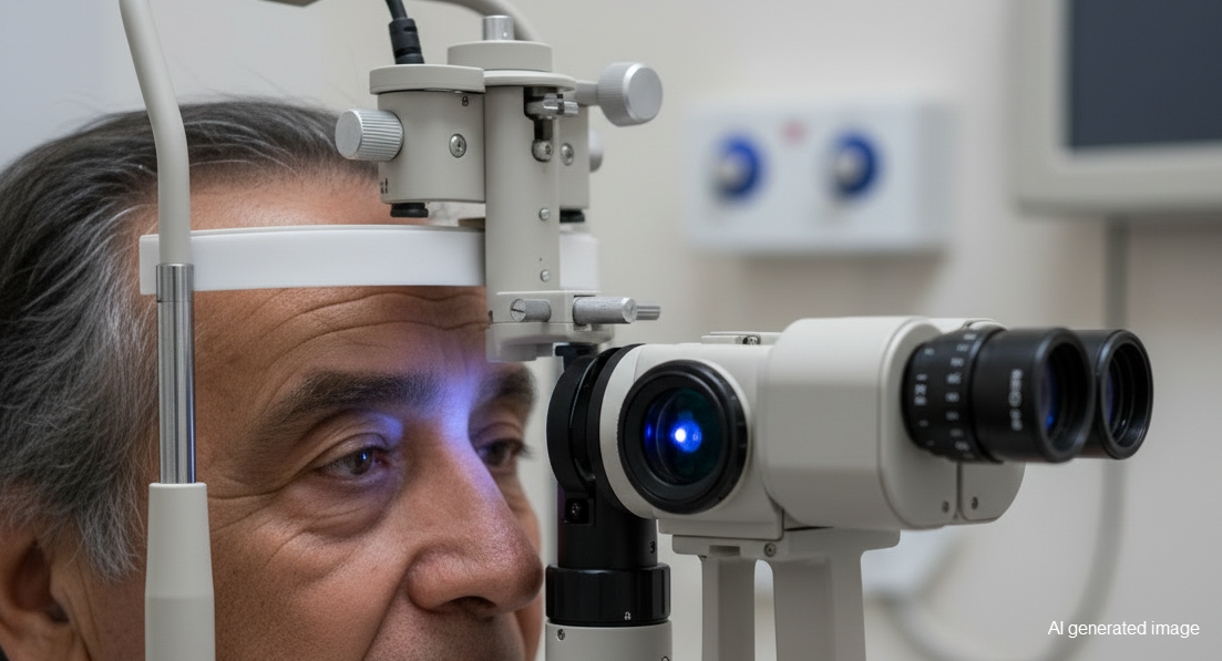 Man undergoing an eye exam with a slit lamp machine, a bright light shining on his eye in a medical setting.
