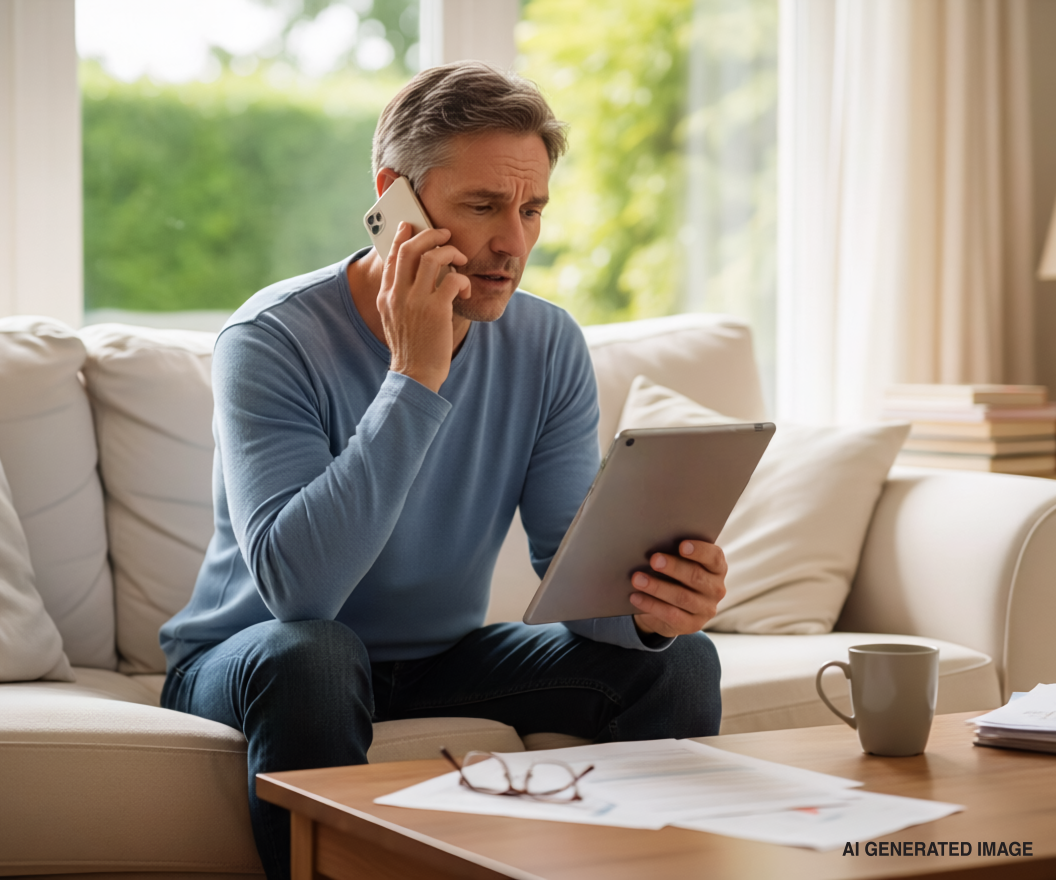 Man on sofa talking on phone, looking at a tablet and documents. Living room setting.