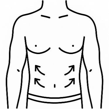 Line drawing of a male torso, with arrows indicating abdominal lipo.